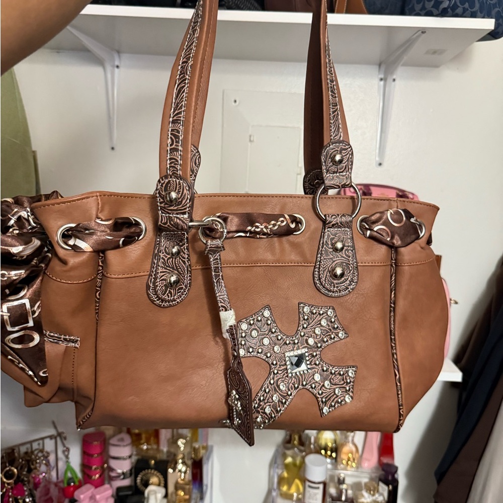 Fashion Nova Tan Embellished Shoulder Bag